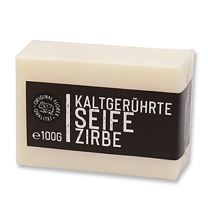 Kaltgerührte Seife 100g weiß verpackt "Black Edition", Zirbe 