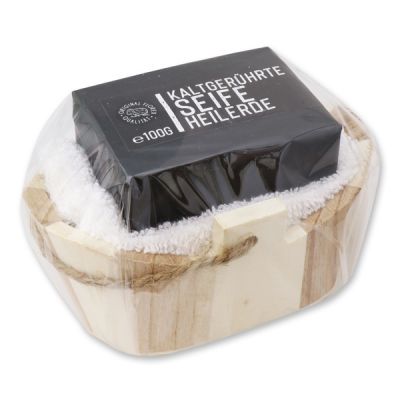 Cold-stirred special soap 100g wooden basket in cello "Black Edition", Healing earth 