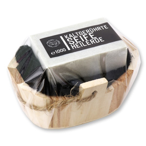 Spezialseifen-Set 2 kaltgerührt 100g Holzkorb in Cello "Black Edition", Heilerde 