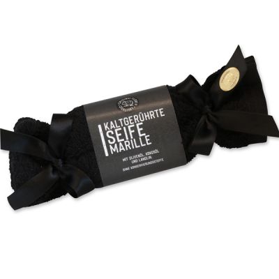 Cold-stirred soap 100g in a washing cloth black "Black Edition", Apricot 