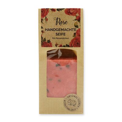 Kaltgerührte Seife mit Schafmilch 100g im braunen Säckchen "Wohlfühlzeit", Rose mit Blüten 