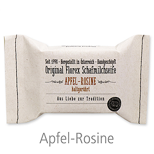 Cold-stirred sheep milk soap 150g packed in a stitched paper bag, Apple-raisin 