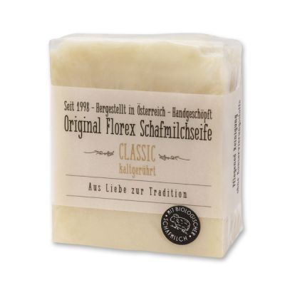 Kaltgerührte Schafmilchseife 150g mit transparenter Schleife in Cello, Classic 