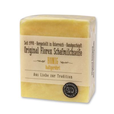 Kaltgerührte Schafmilchseife 150g mit transparenter Schleife in Cello, Honig 