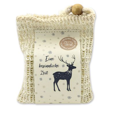 Handcrafted sheep milk soap 150g packed in a soap holder "Colourful Holidays motif 1", Swiss pine 