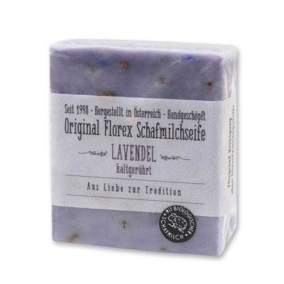 Kaltgerührte Schafmilchseife 150g mit transparenter Schleife in Cello, Lavendel 