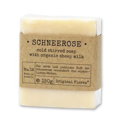 Cold-stirred sheep milk soap 150g packed in cello "Pure Soaps", Christmas rose white 