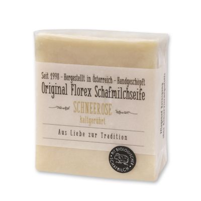 Kaltgerührte Schafmilchseife 150g mit transparenter Schleife in Cello, Schneerose 