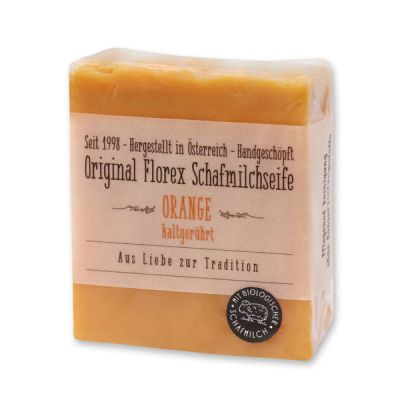 Kaltgerührte Schafmilchseife 150g mit transparenter Schleife in Cello, Orange 