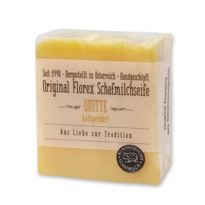 Kaltgerührte Schafmilchseife 150g mit transparenter Schleife in Cello, Quitte 