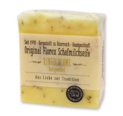 Kaltgerührte Schafmilchseife 150g mit transparenter Schleife in Cello, Ringelblume 