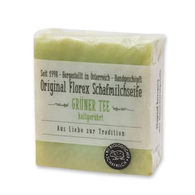 Kaltgerührte Schafmilchseife 150g mit transparenter Schleife in Cello, Grüner Tee 