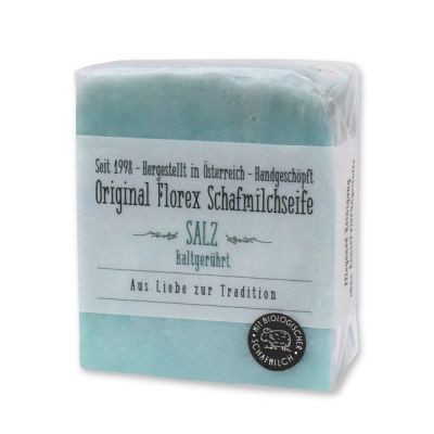 Kaltgerührte Schafmilchseife 150g mit transparenter Schleife in Cello, Salz blau 