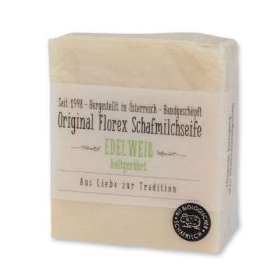 Kaltgerührte Schafmilchseife 150g mit transparenter Schleife in Cello, Edelweiß 