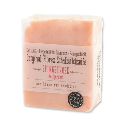 Kaltgerührte Schafmilchseife 150g mit transparenter Schleife in Cello, Pfingstrose 