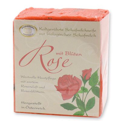 Cold-stirred sheep milk soap 150g with classic labelling, Rose mit Blüten 