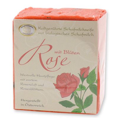 Kaltgerührte Schafmilchseife 150g klassisch verpackt, Rose mit Blüten 