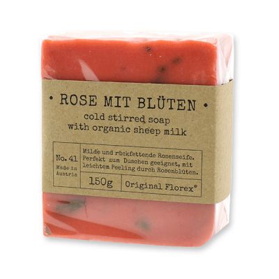 Cold-stirred sheep milk soap 150g packed in cello "Pure Soaps", Rose with petals 
