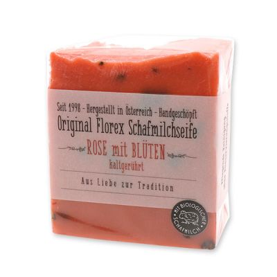 Kaltgerührte Schafmilchseife 150g mit transparenter Schleife in Cello, Rose mit Blüten 