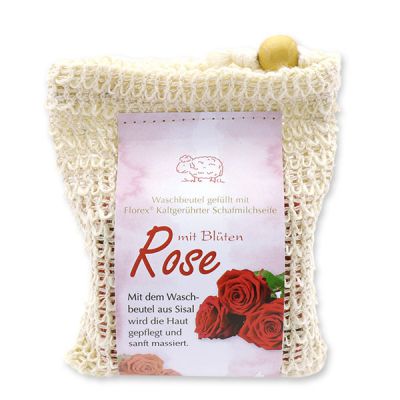 Kaltgerührte Schafmilchseife 150g modern im Waschbeutel, Rose mit Blüten 