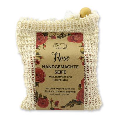 Cold-stirred sheep milk soap 150g packed in a soap holder "feel-good time", Rose with petals 