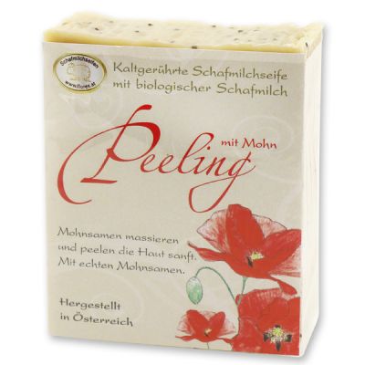 Kaltgerührte Schafmilchseife 150g klassisch verpackt, Peeling mit Mohn 