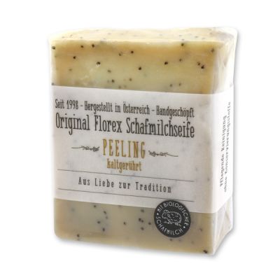 Kaltgerührte Schafmilchseife 150g mit transparenter Schleife in Cello, Peeling mit Mohn 