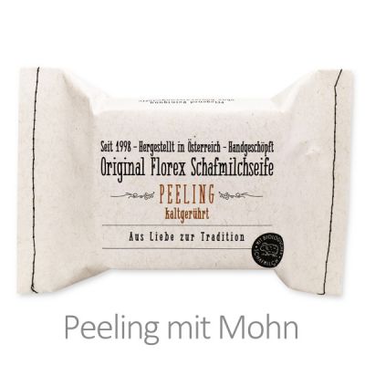 Cold-stirred sheep milk soap 150g packed in a stitched paper bag, Peeling with poppy 
