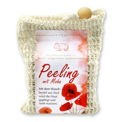 Cold-stirred sheepmilk soap 150g modern packed in a soap holder, Peeling with poppy 