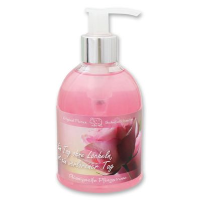 Liquid sheep milk soap 250ml in a dispenser "Ein Tag ohne Lächeln, ist ein verlorener Tag", Peony 