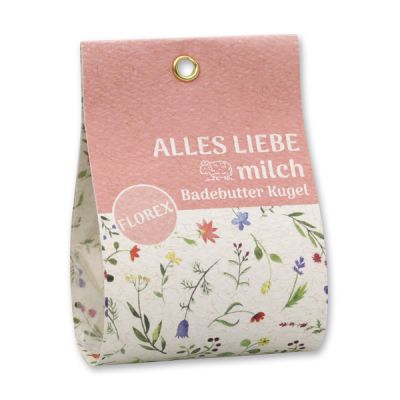 Badebutter-Kugel mit Schafmilch 50g in Tasche "Alles Liebe", Kornblume rosa/Erdbeere 