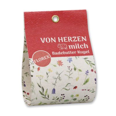 Badebutter-Kugel mit Schafmilch 50g in Tasche "Von Herzen", Saflorblüten/Granatapfel 