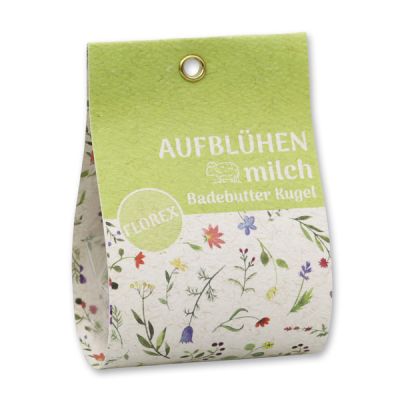 Badebutter-Kugel mit Schafmilch 50g in Tasche "Aufblühen", Erika/weißer Tee 