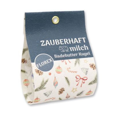 Badebutter-Kugel mit Schafmilch 50g in Tasche "Zauberhaft", Kornblume blau/Lotus 