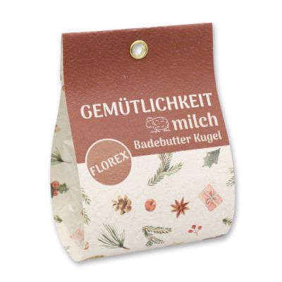 Badebutter-Kugel mit Schafmilch 50g in Tasche "Gemütlichkeit", Fichtennadeln/Zirbe 