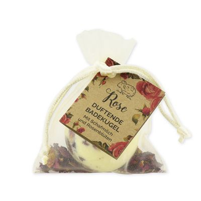 Bath butter ball with sheep milk 50g in organza bag "feel-good time", Rose with petals 