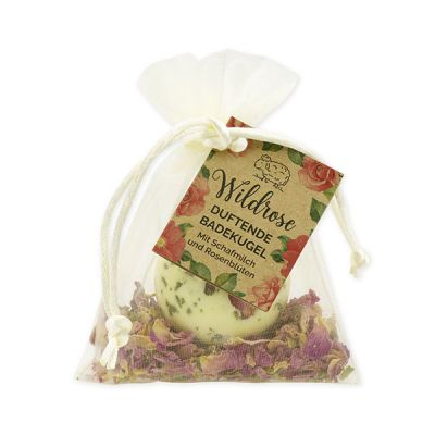 Bath butter ball with sheep milk 50g in organza bag "feel-good time", Rosebud/Wild rose 