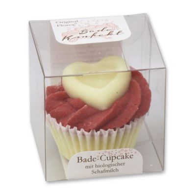 Badebutter-Cupcake mit Schafmilch 45g in Cellobox, Herz/Cranberry 