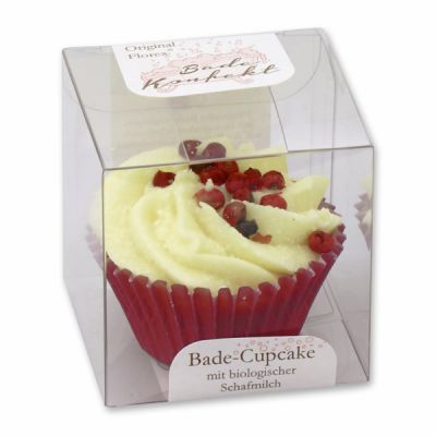 Badebutter-Cupcake mit Schafmilch 45g in Cellobox, Rosa Pfeffer/Cranberry 