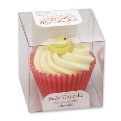 Badebutter-Cupcake mit Schafmilch 45g in Cellobox, Zuckerentchen/Erdbeere 