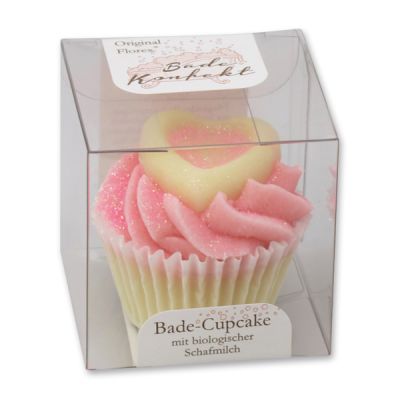Badebutter-Cupcake mit Schafmilch 45g in Cellobox, Rosa Herz/Jasmin 