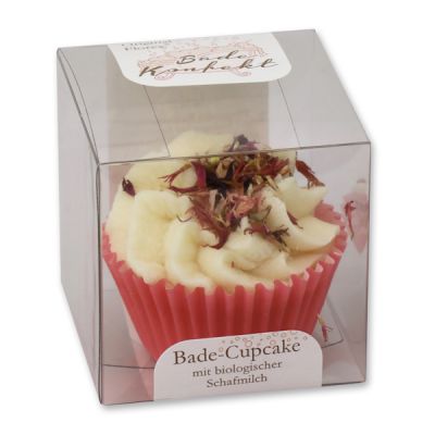 Badebutter-Cupcake mit Schafmilch 45g in Cellobox, Rosa Kornblume/Kirsche 