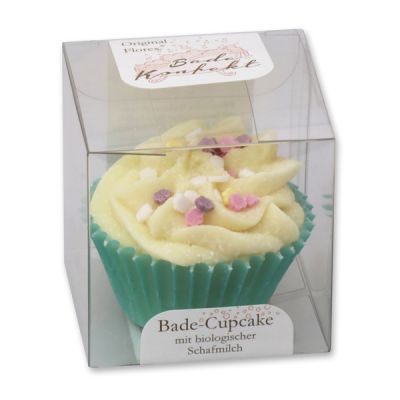 Badebutter-Cupcake mit Schafmilch 45g in Cellobox, Zuckerblümchen/ Kokosnuss 