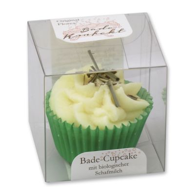 Badebutter-Cupcake mit Schafmilch 45g in Cellobox, Lemongras/Limette-Grüner Tee 