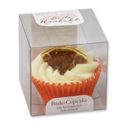 Badebutter-Cupcake mit Schafmilch 45g in Cellobox, Mandarine/Orange 