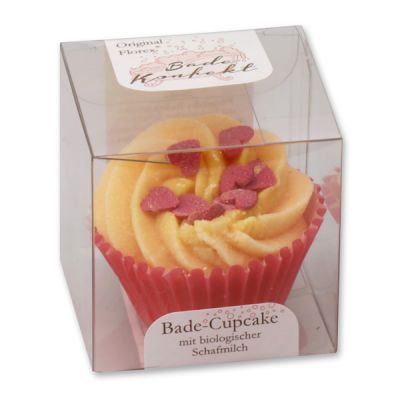 Badebutter-Cupcake mit Schafmilch 45g in Cellobox, Rote Herzen/Rose 
