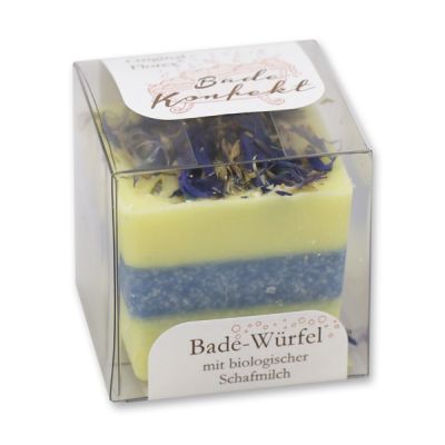 Badebutter-Würfel mit Schafmilch 50g in Cellobox, Kornblume blau/Lotus 