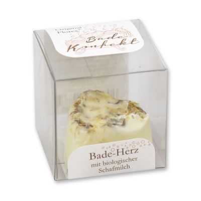 Badebutter-Herz mit Schafmilch 18g in Cellobox, Ringelblume/Limette-Grüner Tee 