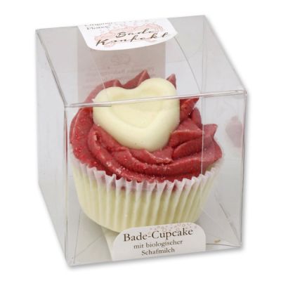 XL Bath butter cupcake with sheep milk 90g in box, White heart/Cranberry 