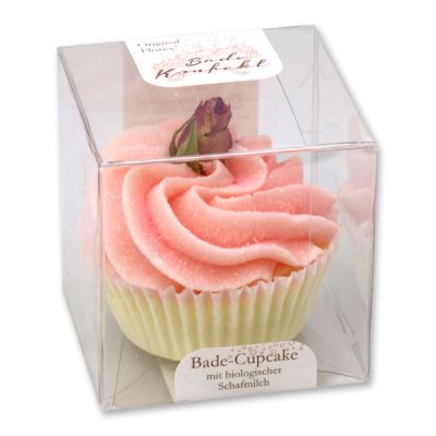 XL Badebutter-Cupcake mit Schafmilch 90g in Cellobox, Weiße Rosenknospe/ Cranberry 